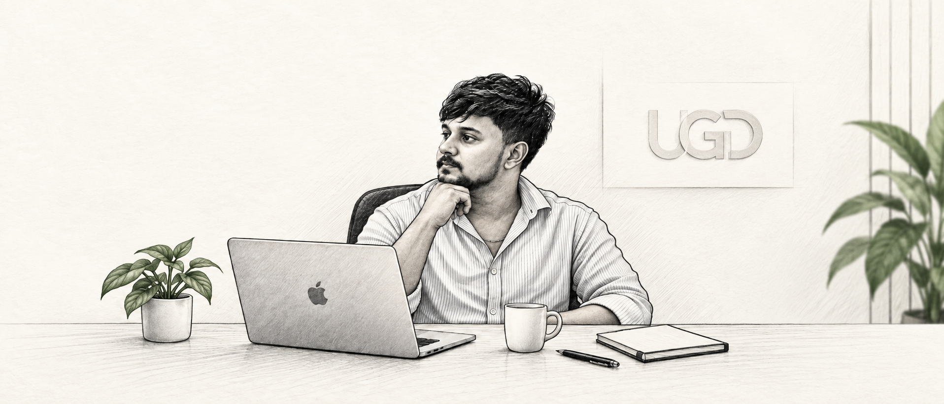 Pencil-style portrait of Abhishek Bhambhana at his workspace with a laptop and coffee